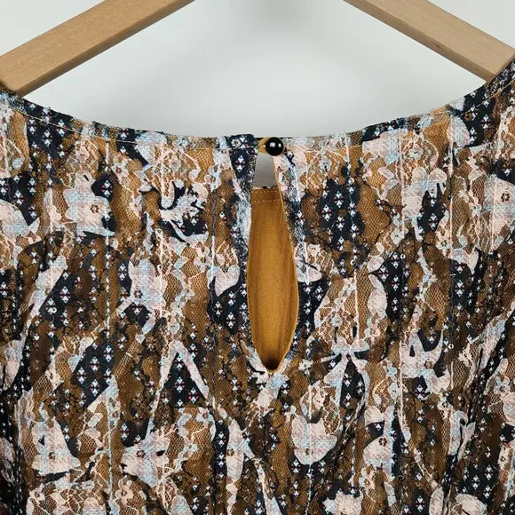 The Korner Lace Floral Puff Sleeve Mini Dress Sz M Mustard Navy Shift Tunic Top - Picture 8 of 9